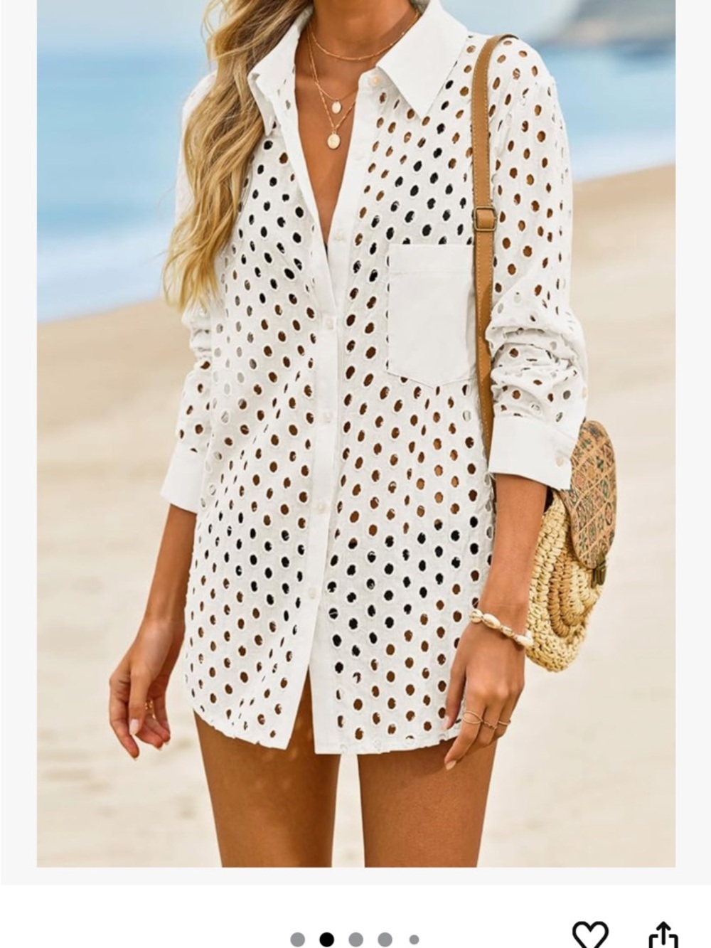 White Eyelet Cotton Button-Up Shirt Beach Coverup NEW Small - Picture 3 of 7